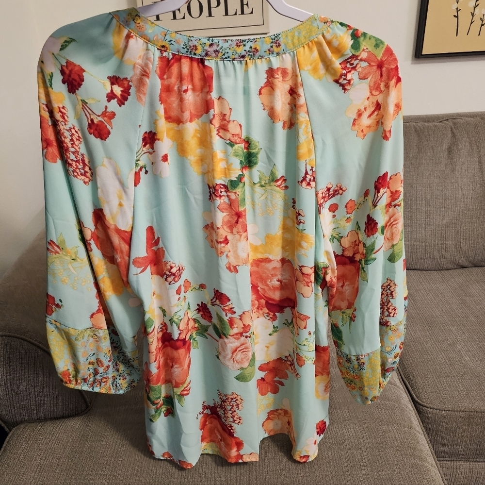 Olive Hill Mint Red Floral Boho Casual Relaxed Fit Multicolor Blouse Size Large - Picture 7 of 7